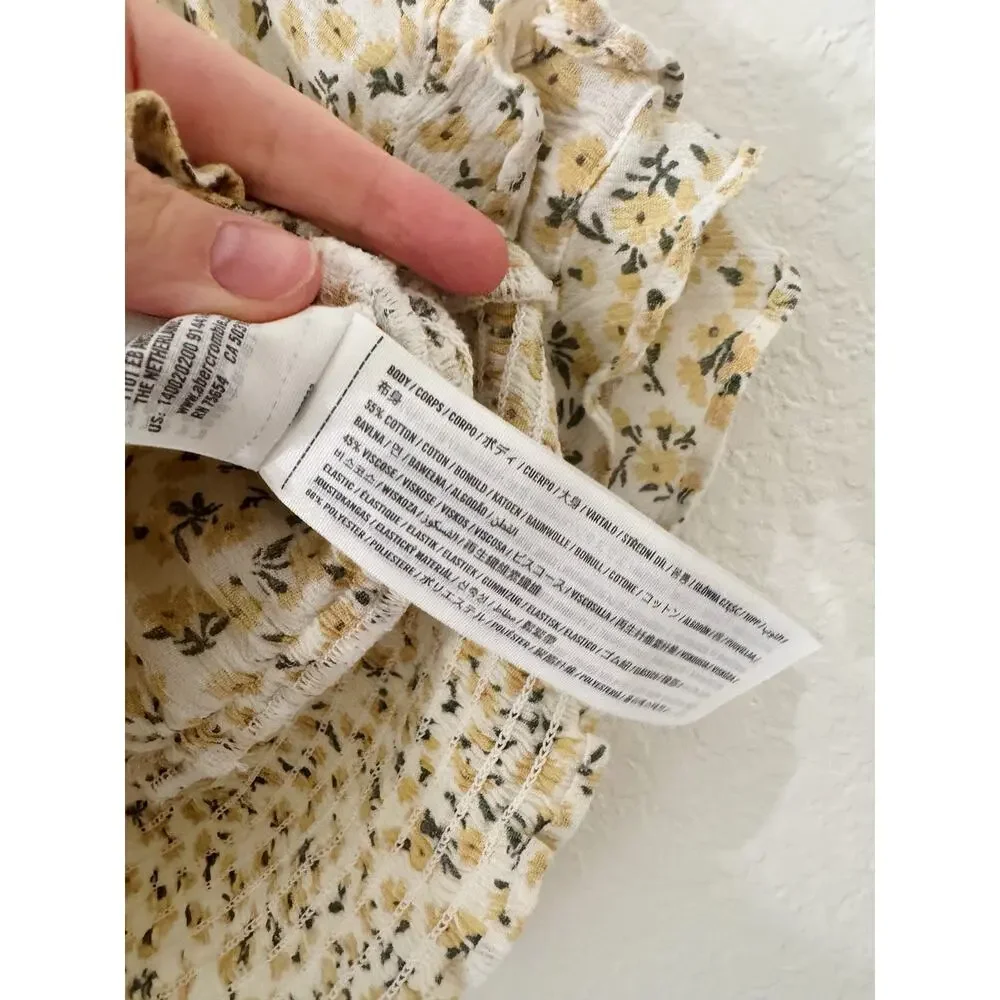 Abercrombie & Fitch Floral Smocked Puff Sleeve Crop Top Yellow Small